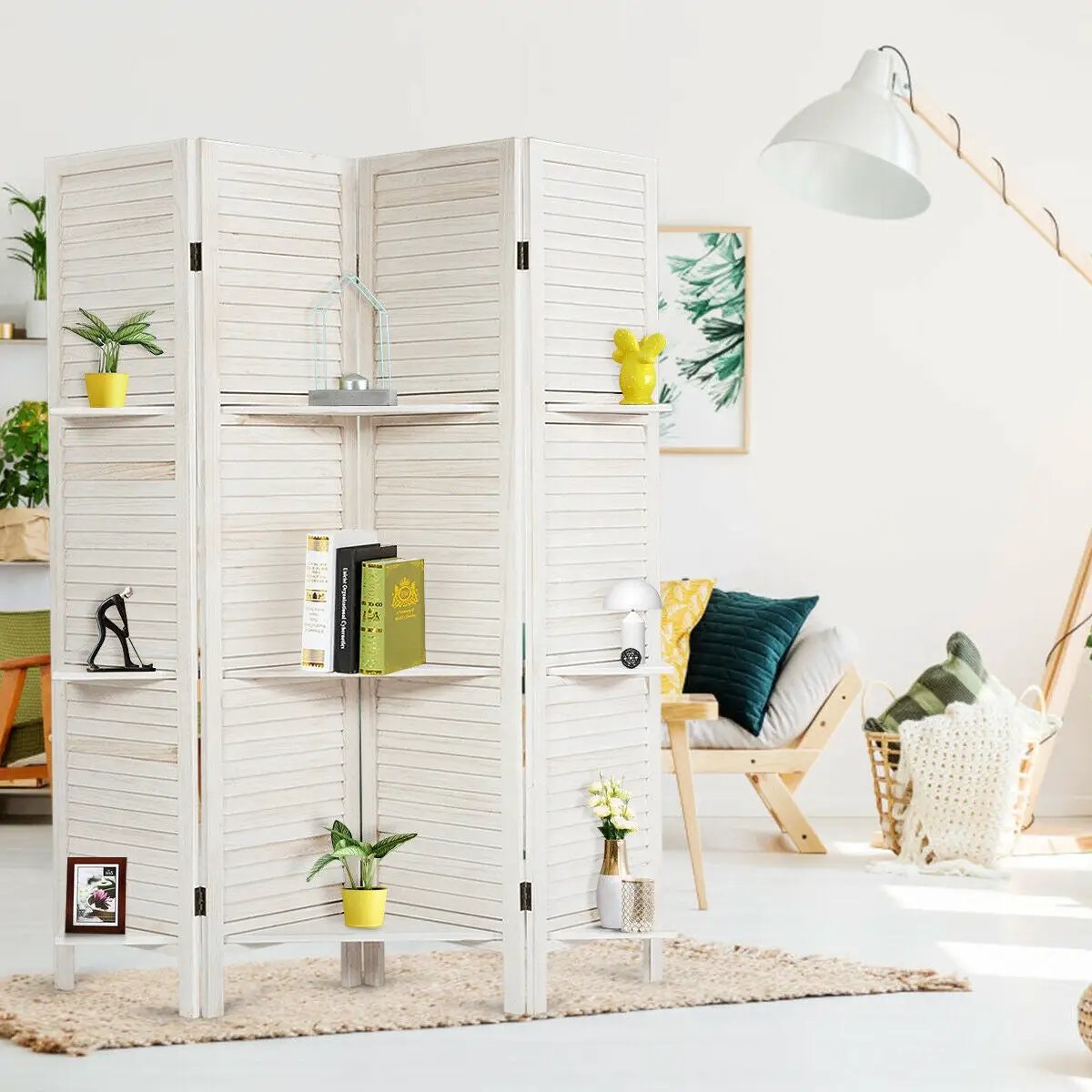 4 Panel Folding Room Divider Screen with 3 Display Shelves by DirectDeals