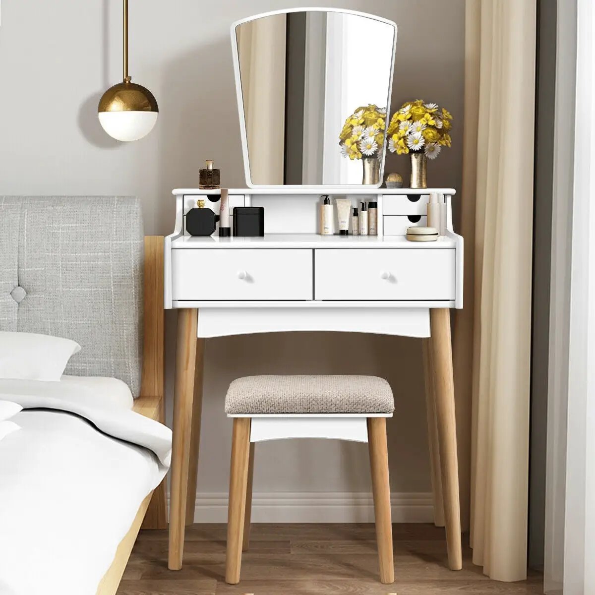 Makeup Vanity Set with 6 Drawers and Unique Shape Mirror by DirectDeals