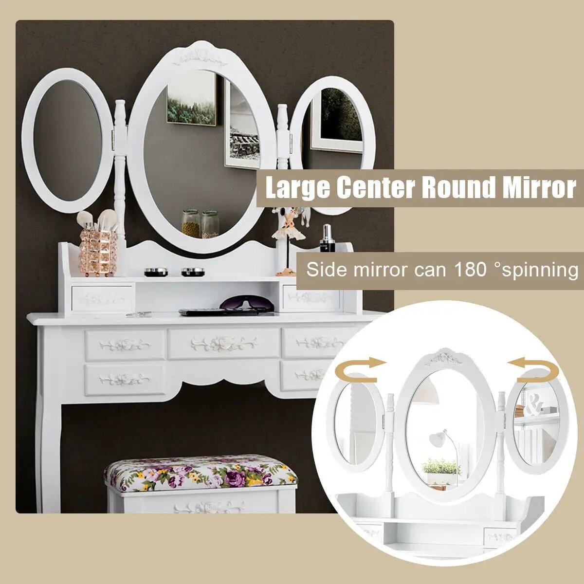 7 Drawer Tri-Folding Mirror Dressing Vanity Makeup Set by DirectDeals
