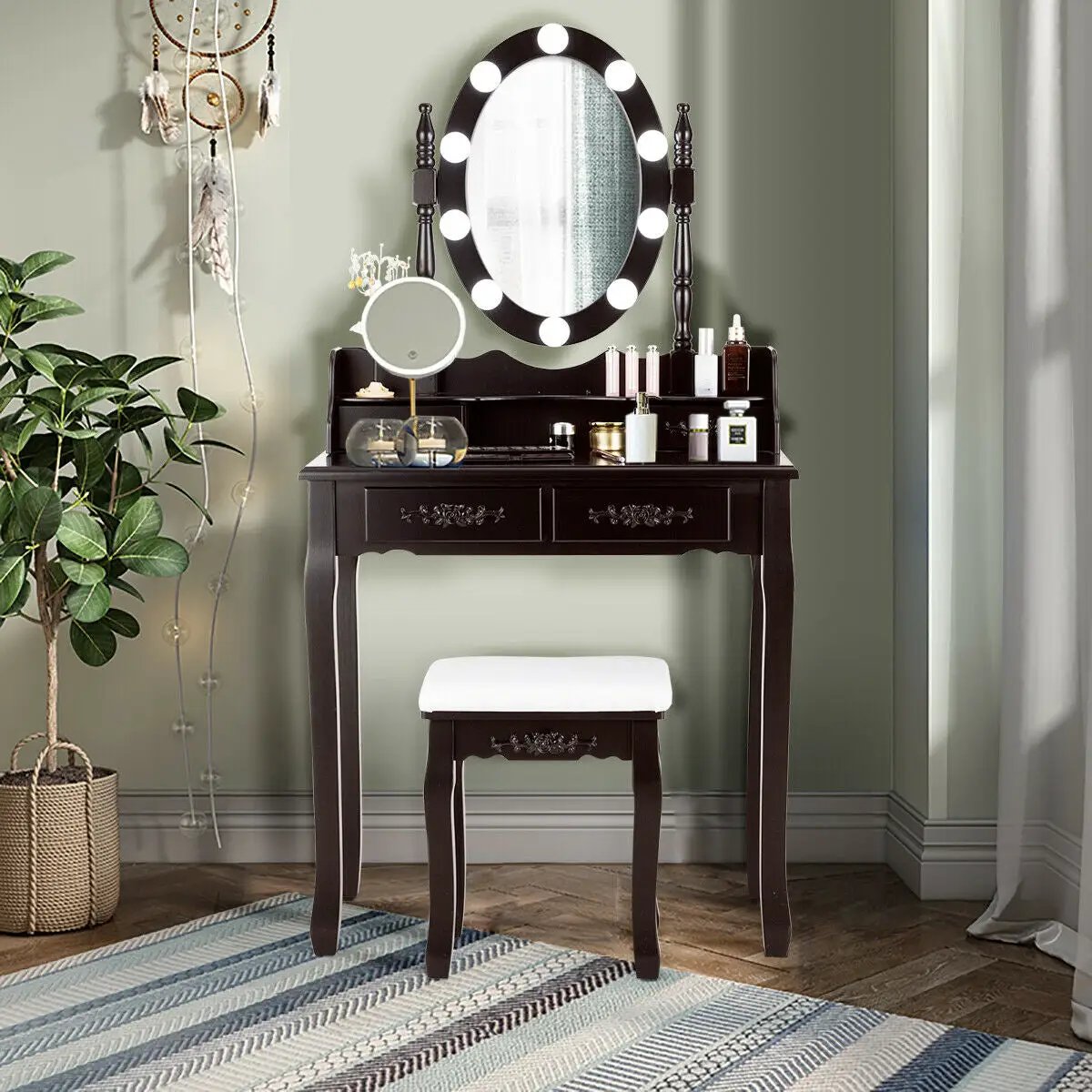 Makeup Dressing Table with Touch Switch Lighted Mirror and Cushioned Stool by DirectDeals