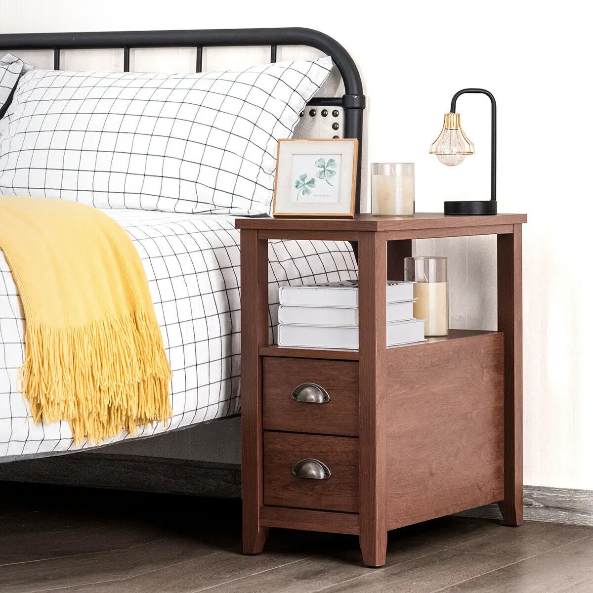 End Table Wooden with 2 Drawers and Shelf Bedside Table by DirectDeals