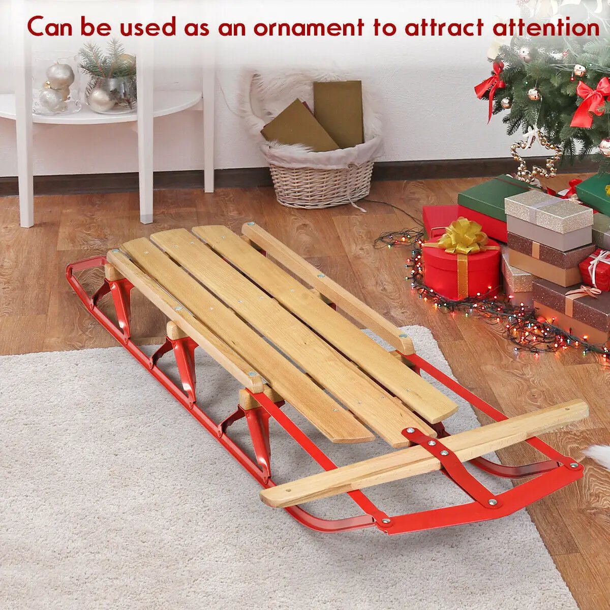 54 Inch Wood Snow Sled with Metal Runners and Steering Bar by DirectDeals