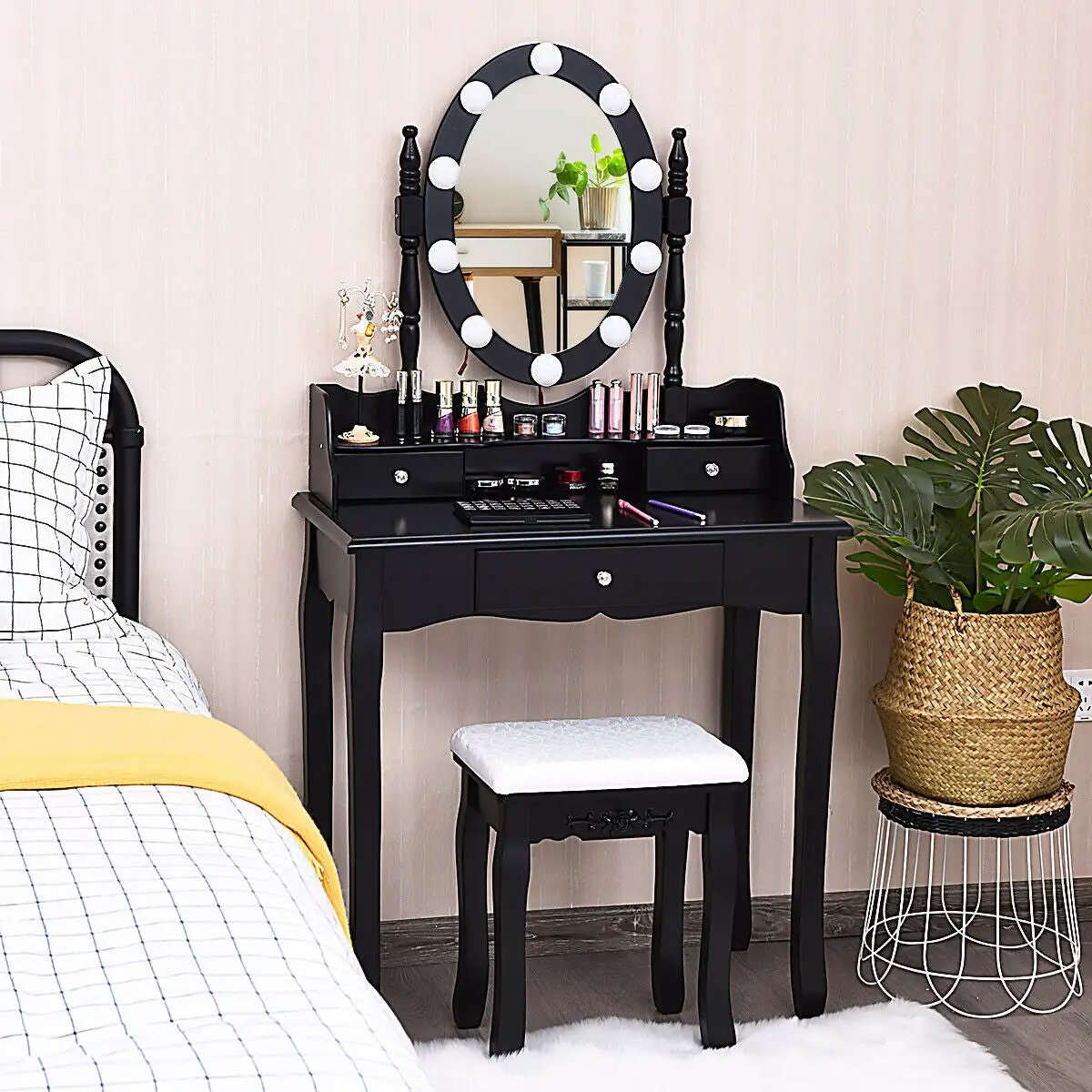 Oval Mirror Vanity Set with 10 LED Dimmable Bulbs and 3 Drawers by DirectDeals