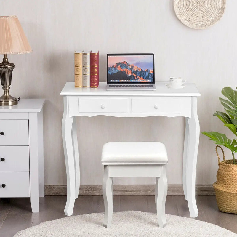 4 Drawers Wood Mirrored Vanity Dressing Table with Stool by DirectDeals