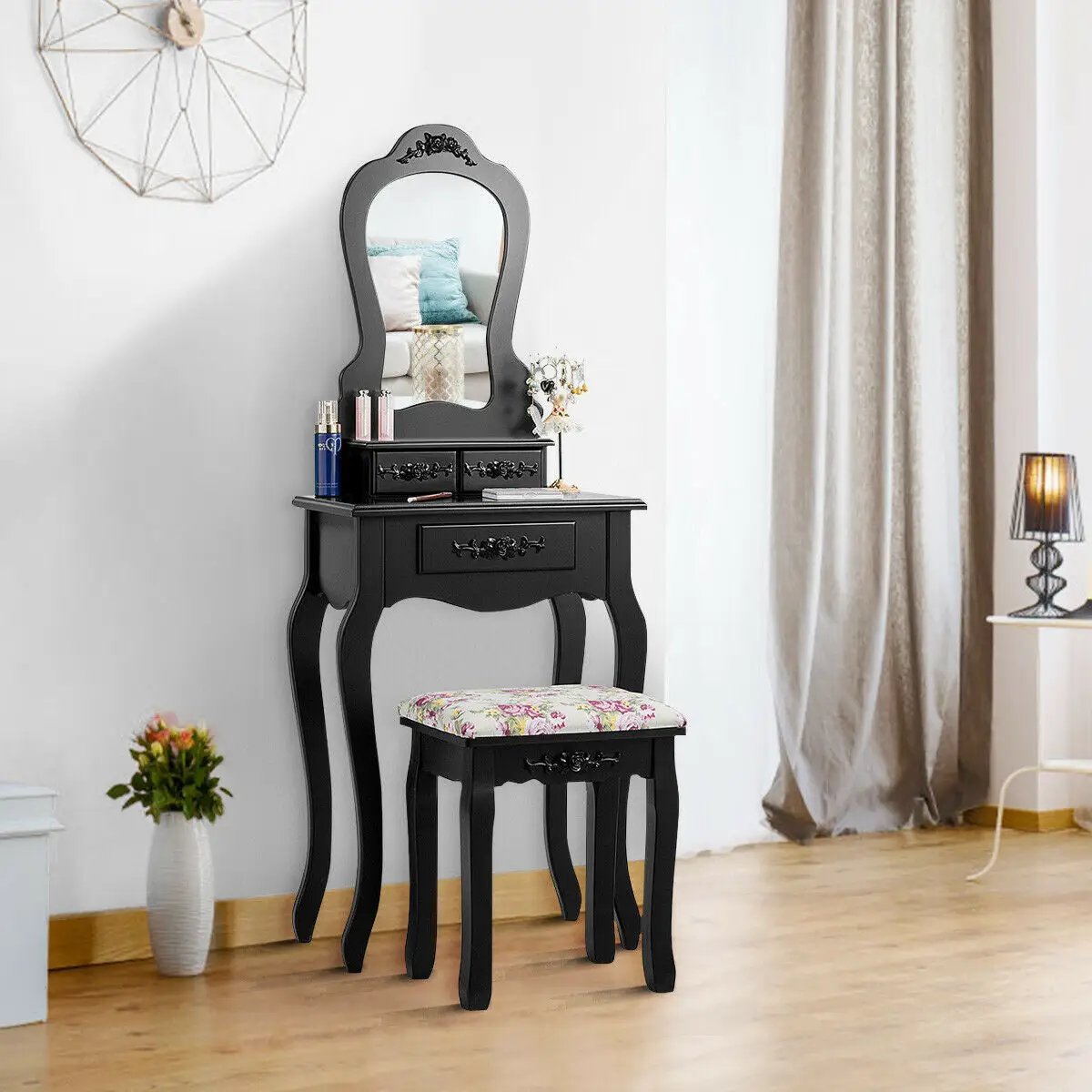 Makeup Dressing Table and Bench 3 Drawers and Cushioned Stool for Girls by DirectDeals