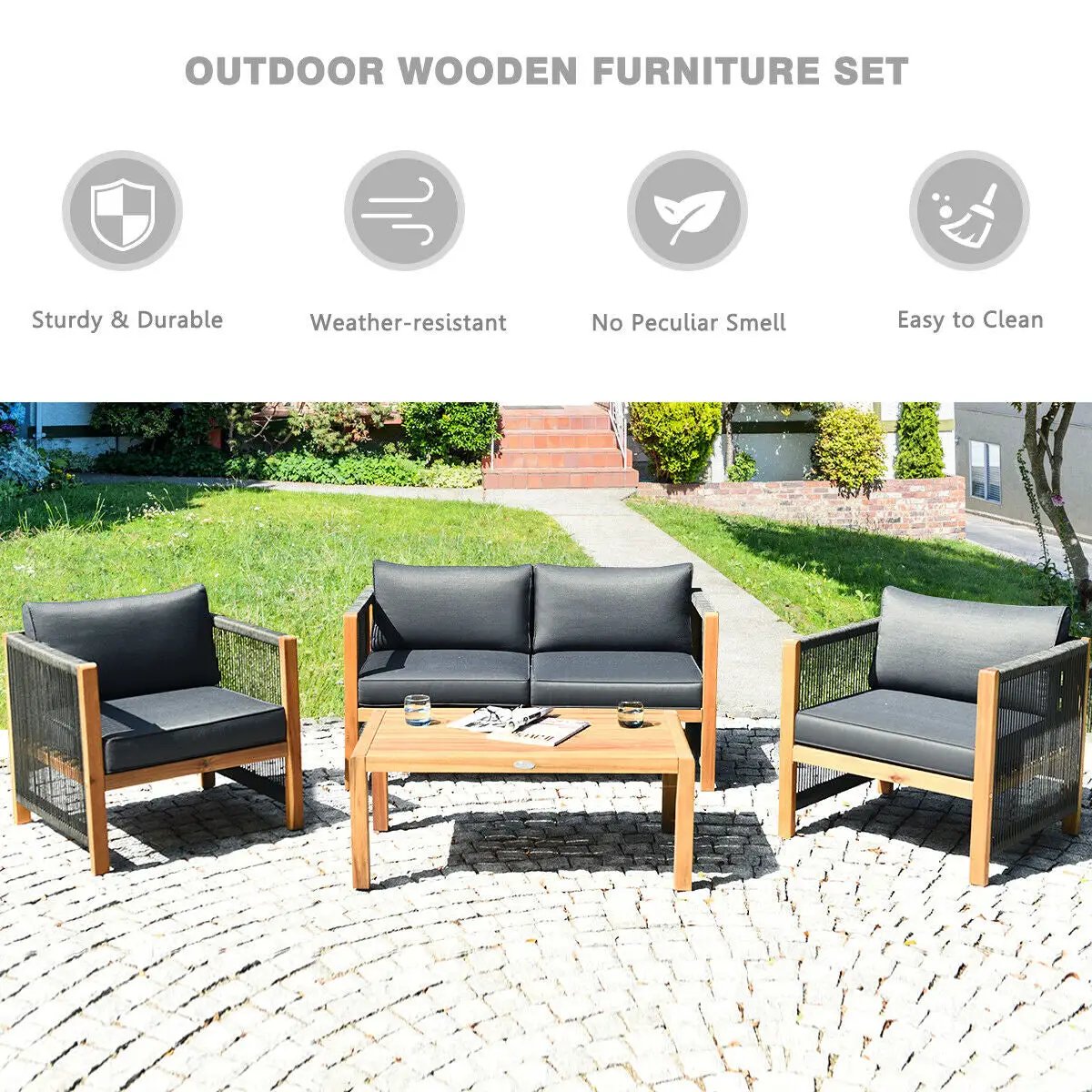 4 Pieces Acacia Wood Outdoor Patio Furniture Set with Cushions by DirectDeals