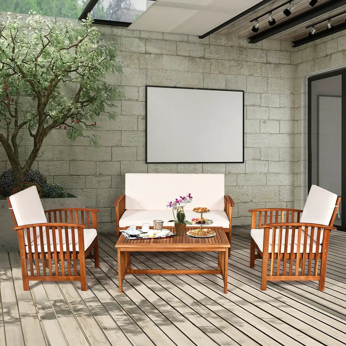 4 Pieces Patio Solid Wood Furniture Set