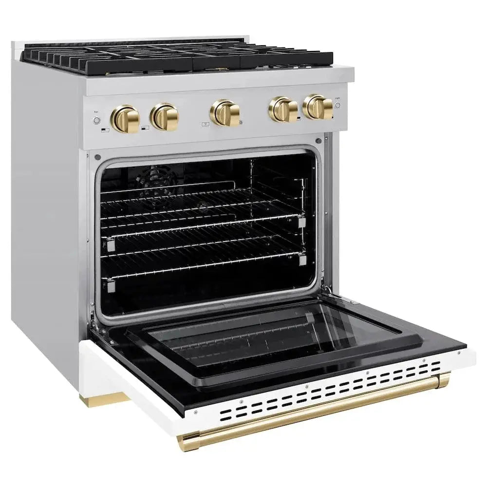 ZLINE 30"Paramount Dual Fuel Range White Matte Gold SDRZ-WM-30-G by Farmhouse Kitchen and Bath