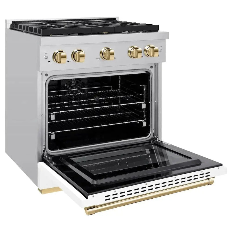 ZLINE 30"Paramount Dual Fuel Range White Matte Gold SDRZ-WM-30-G by Farmhouse Kitchen and Bath