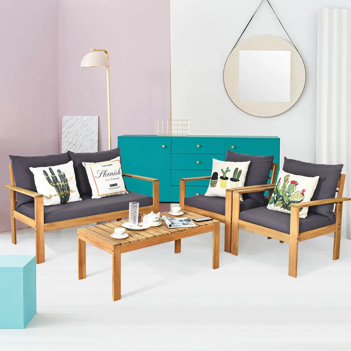 Outdoor 4 Pieces Acacia Wood Chat Set with Water Resistant Cushions by DirectDeals