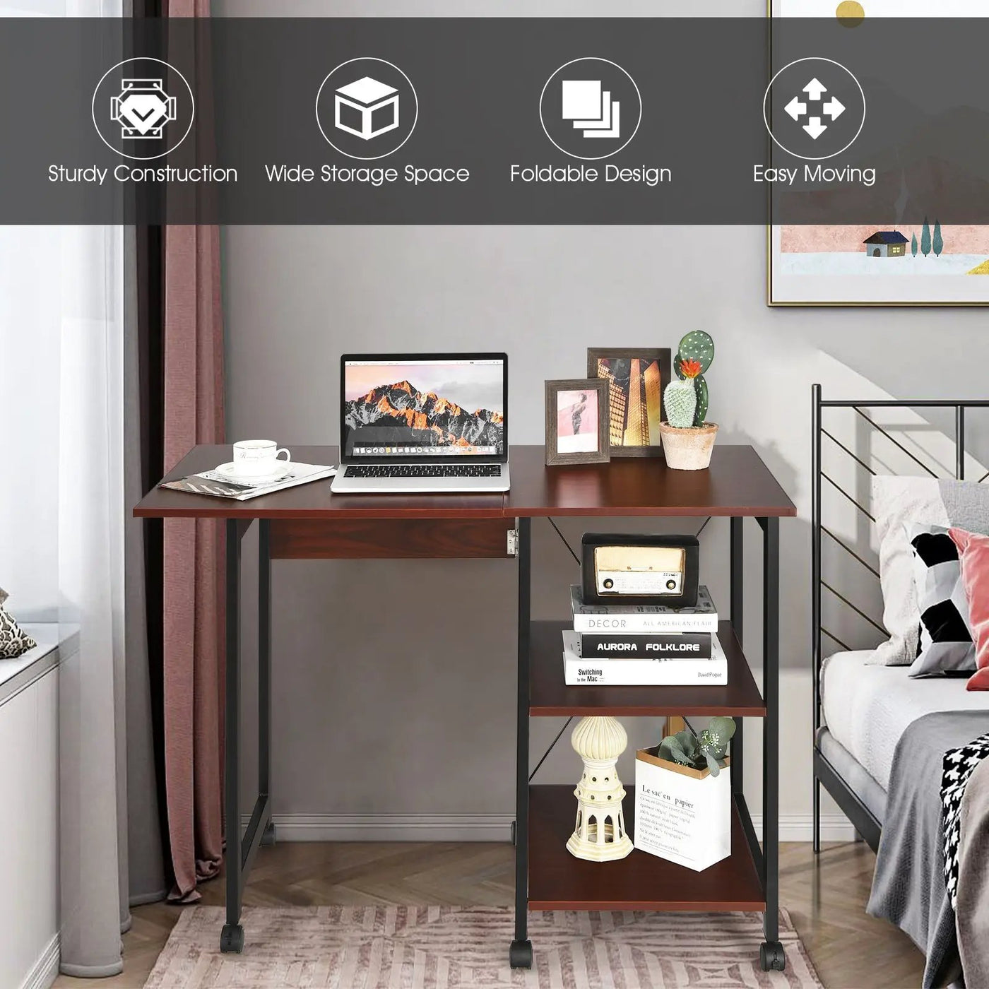Rolling Folding Computer Desk with Storage Shelves by DirectDeals