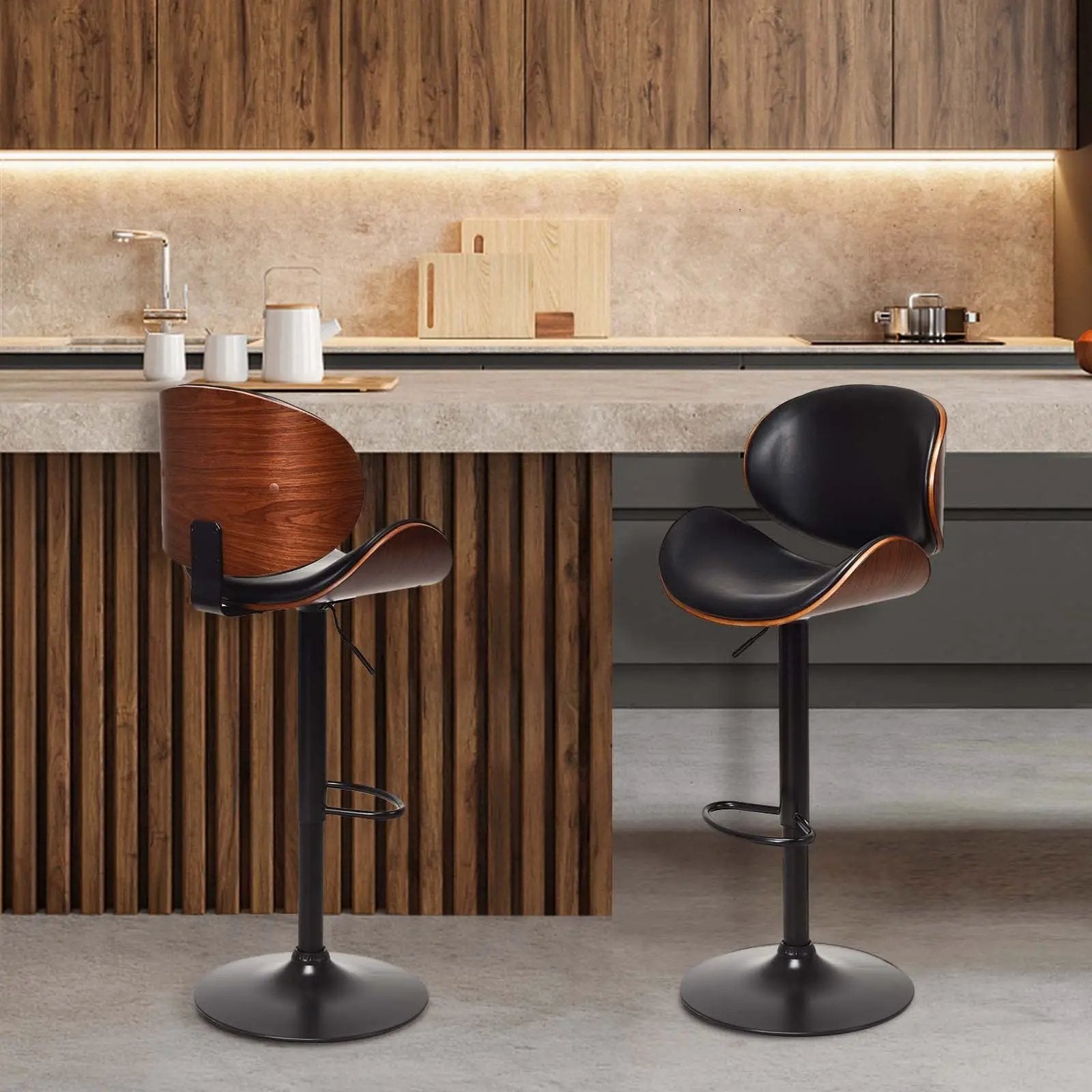 Set of 2 Adjustable Swivel PU Leather Bar Stools with Curved Footrest by DirectDeals