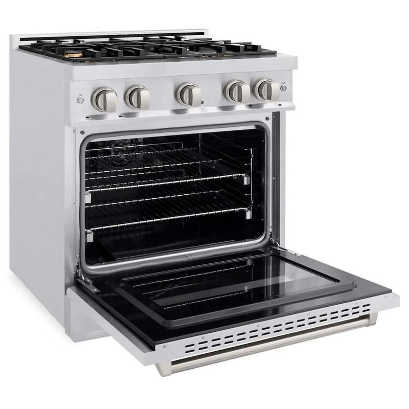 ZLINE 30" Dual Fuel Range, Gas Cooktop, Electric Convection Oven DuraSnow® Stainless Steel, Brass Burners CDRS-BR-30 by Farmhouse Kitchen and Bath
