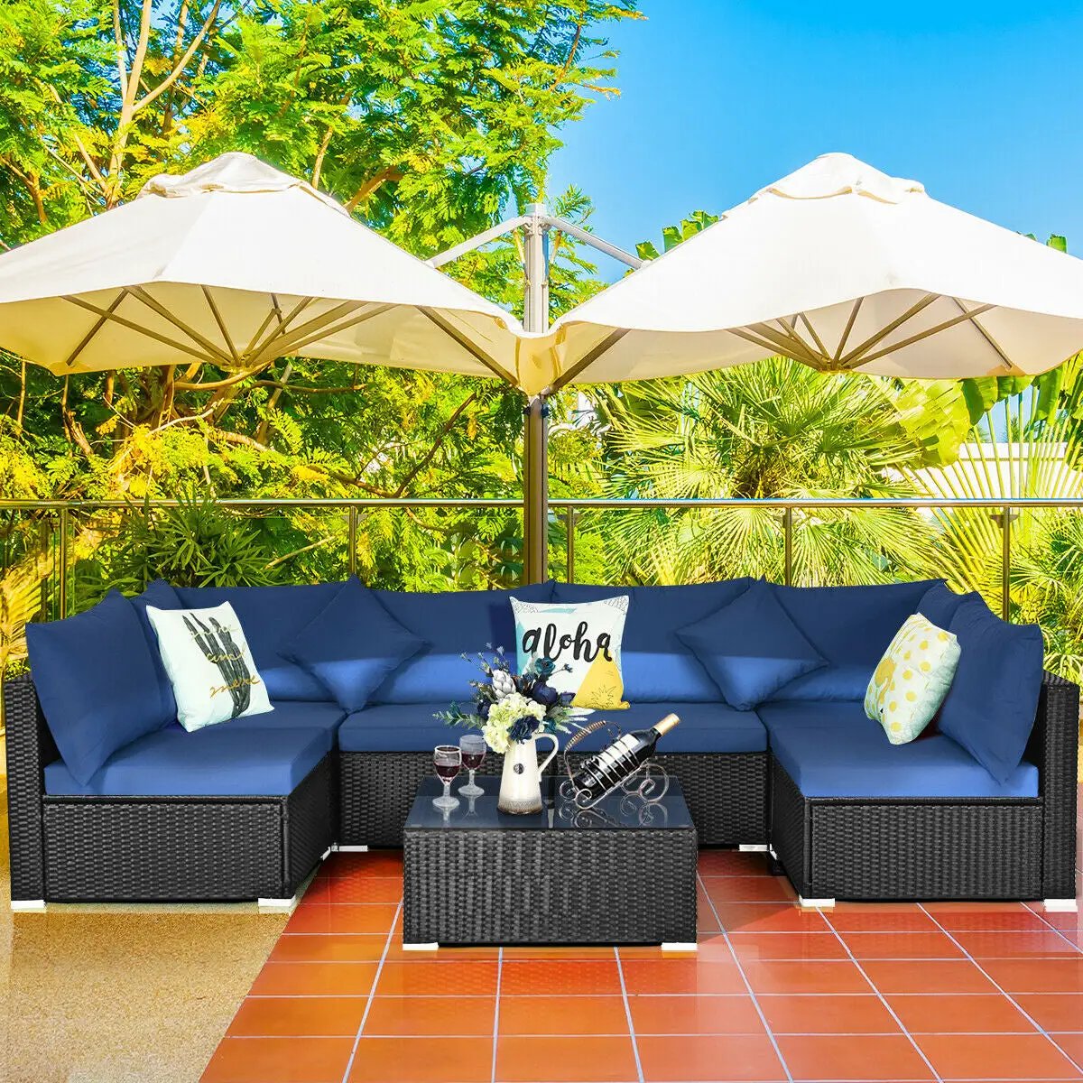 7 Pieces Sectional Wicker Furniture Sofa Set with Tempered Glass Top-Red by DirectDeals