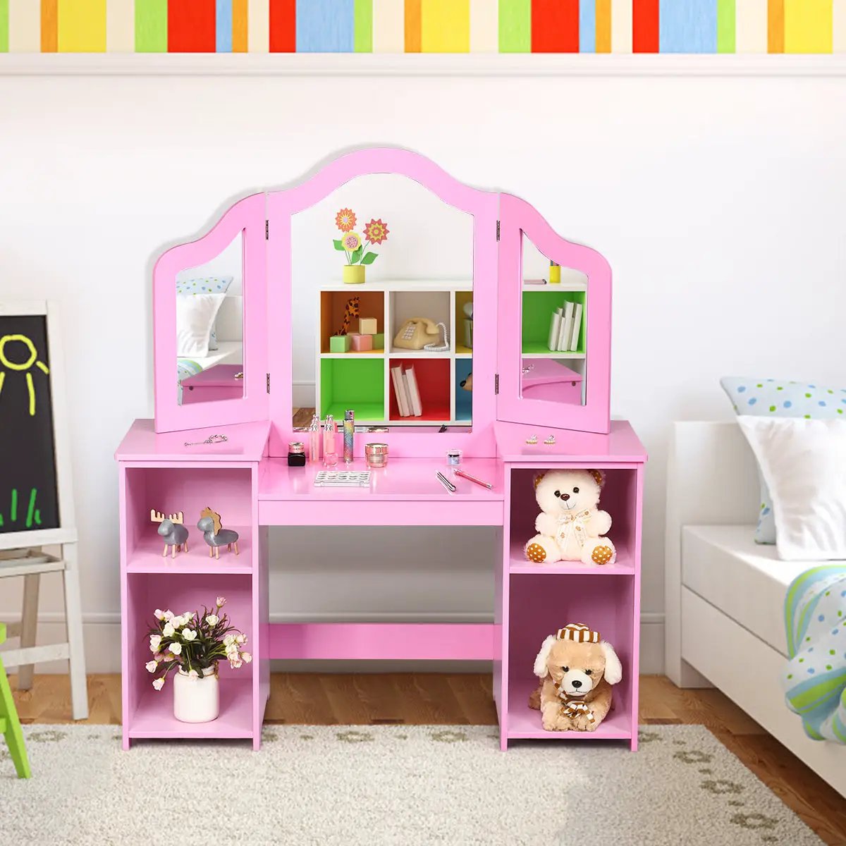 Kids Tri Folding Mirror Makeup Dressing Vanity Table Set by DirectDeals