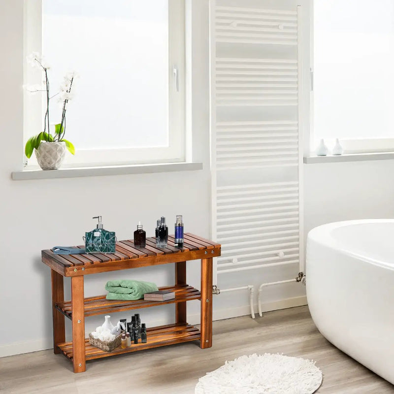 Freestanding Wood Bench with 3-Tier Storage Shelves by DirectDeals