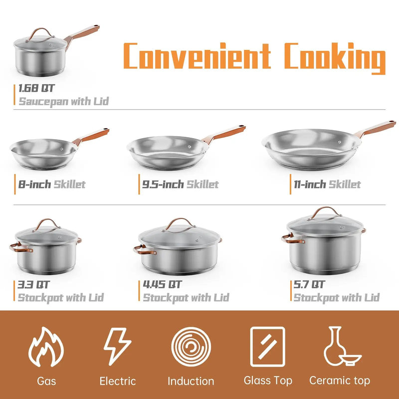 11 Pieces Stainless Steel Kitchen Cookware Set with Gold Stay-Cool Handles by DirectDeals