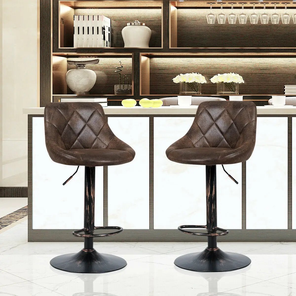 Set of 2 Adjustable Bar Stools with Backrest and Footrest by DirectDeals