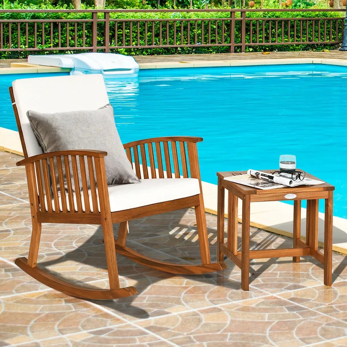 2 Pieces Acacia Wood Patio Rocking Chair Table Set by DirectDeals