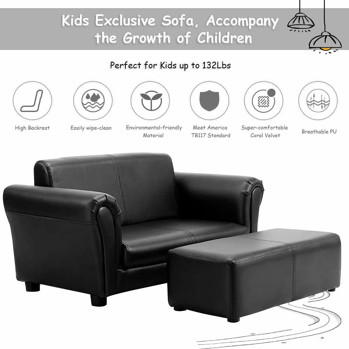 Soft Kids Double Sofa with Ottoman by DirectDeals