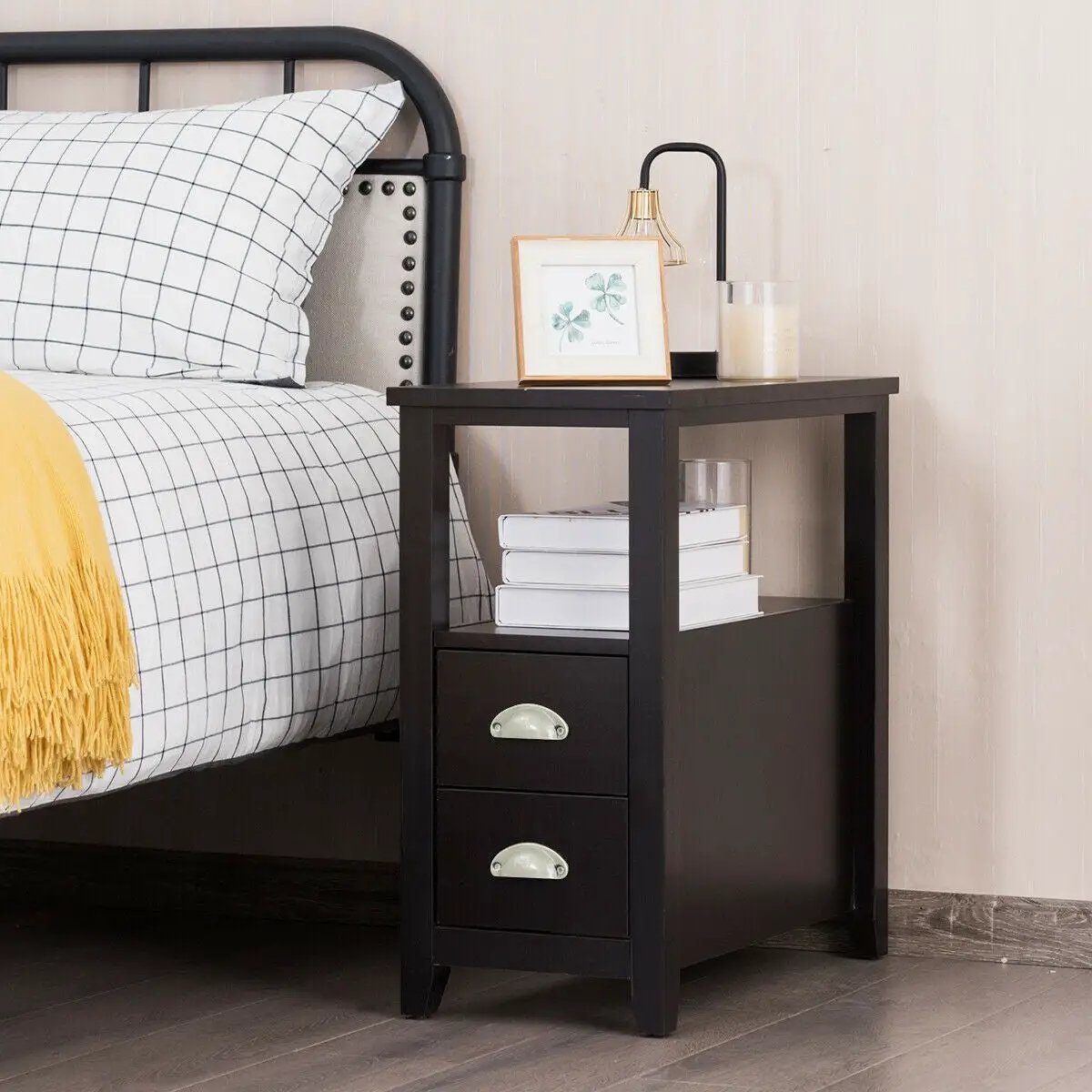 Set of 2 End Table Wooden with 2 Drawer & Shelf Bedside Table by DirectDeals