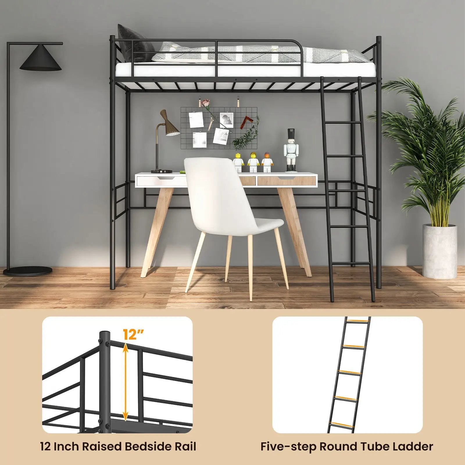 Metal Loft Twin Bed Frame Single High Loft Bed-Black by DirectDeals