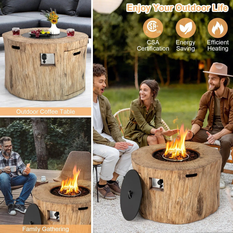 40 Inch Round Propane Gas Fire Pit Table Wood-Like Surface with Laval Rock PVC Cover by DirectDeals
