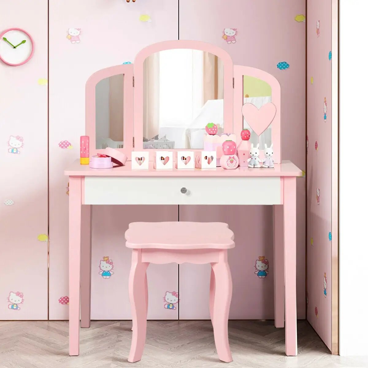 Kids Princess Make Up Dressing Table with Tri-folding Mirror and Chair by DirectDeals