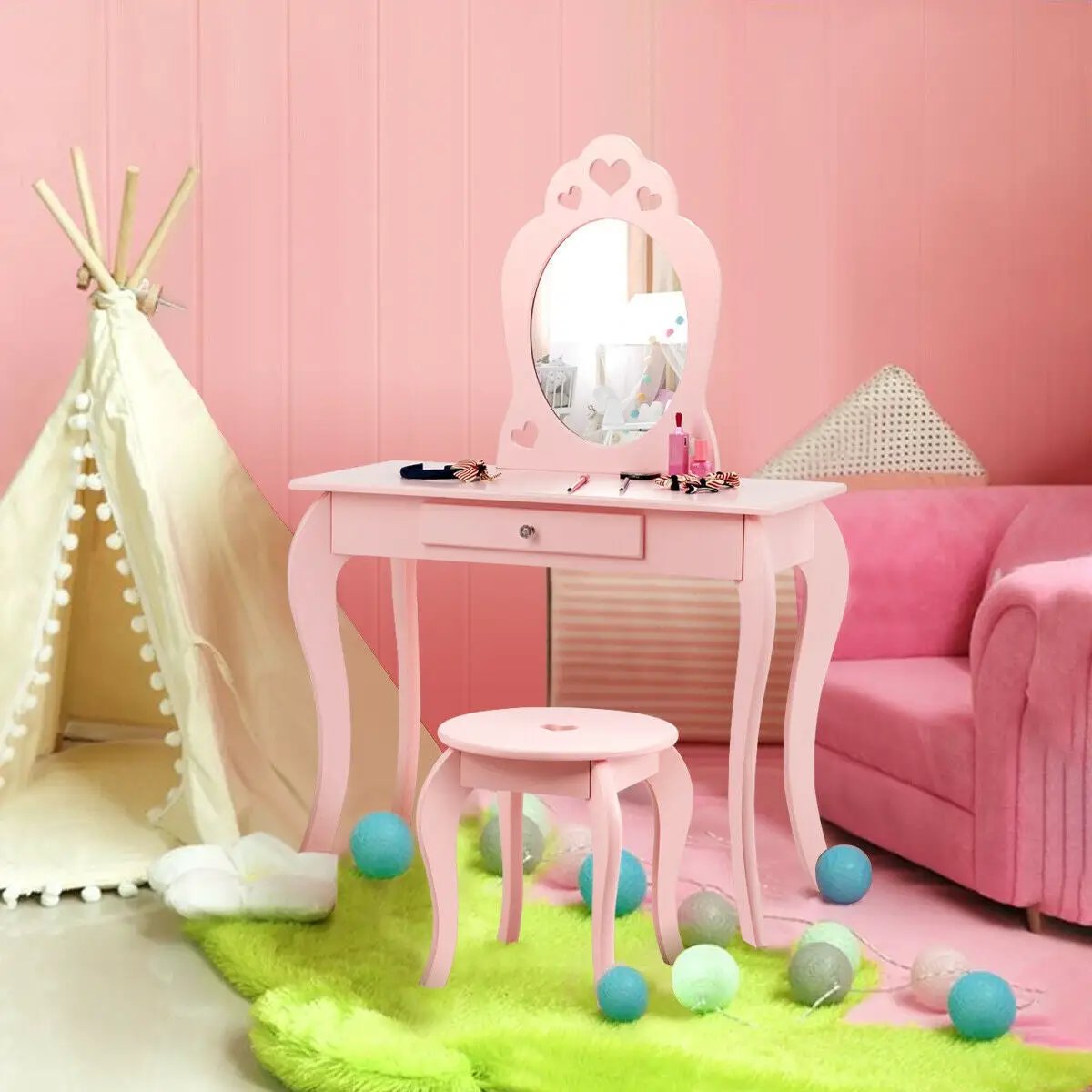 Kids Princess Makeup Dressing Play Table Set with Mirror by DirectDeals