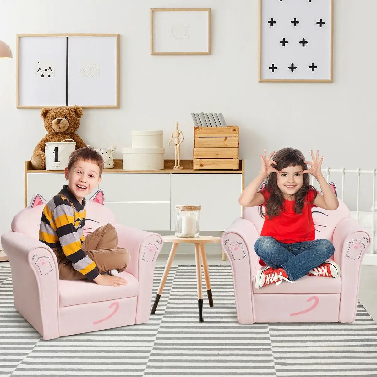 Kids Upholstered Cat Armrest Couch Sofa with Linen Fabric by DirectDeals