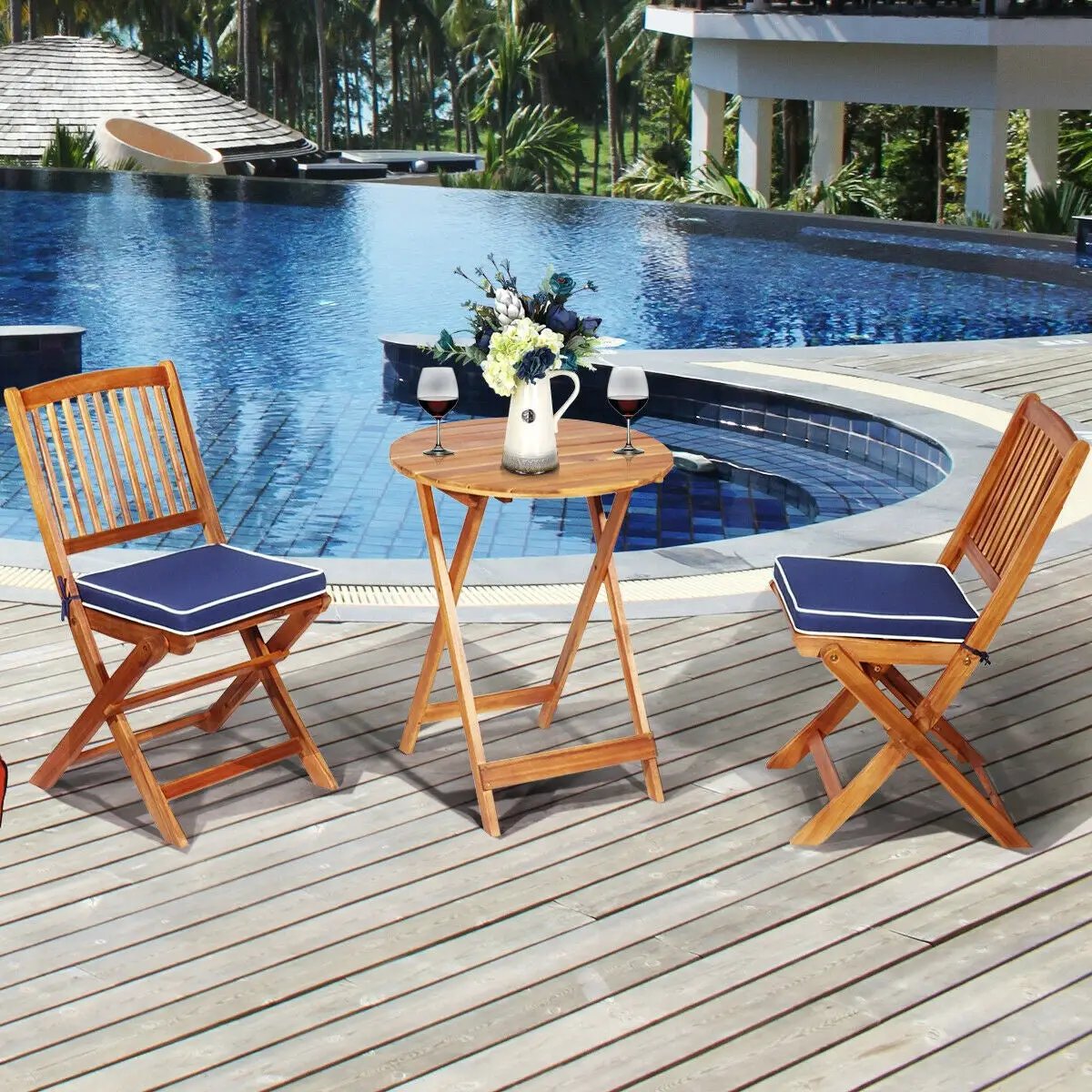3 Pieces Patio Folding Bistro Set with Padded Cushion and Round Coffee Table-Navy by DirectDeals
