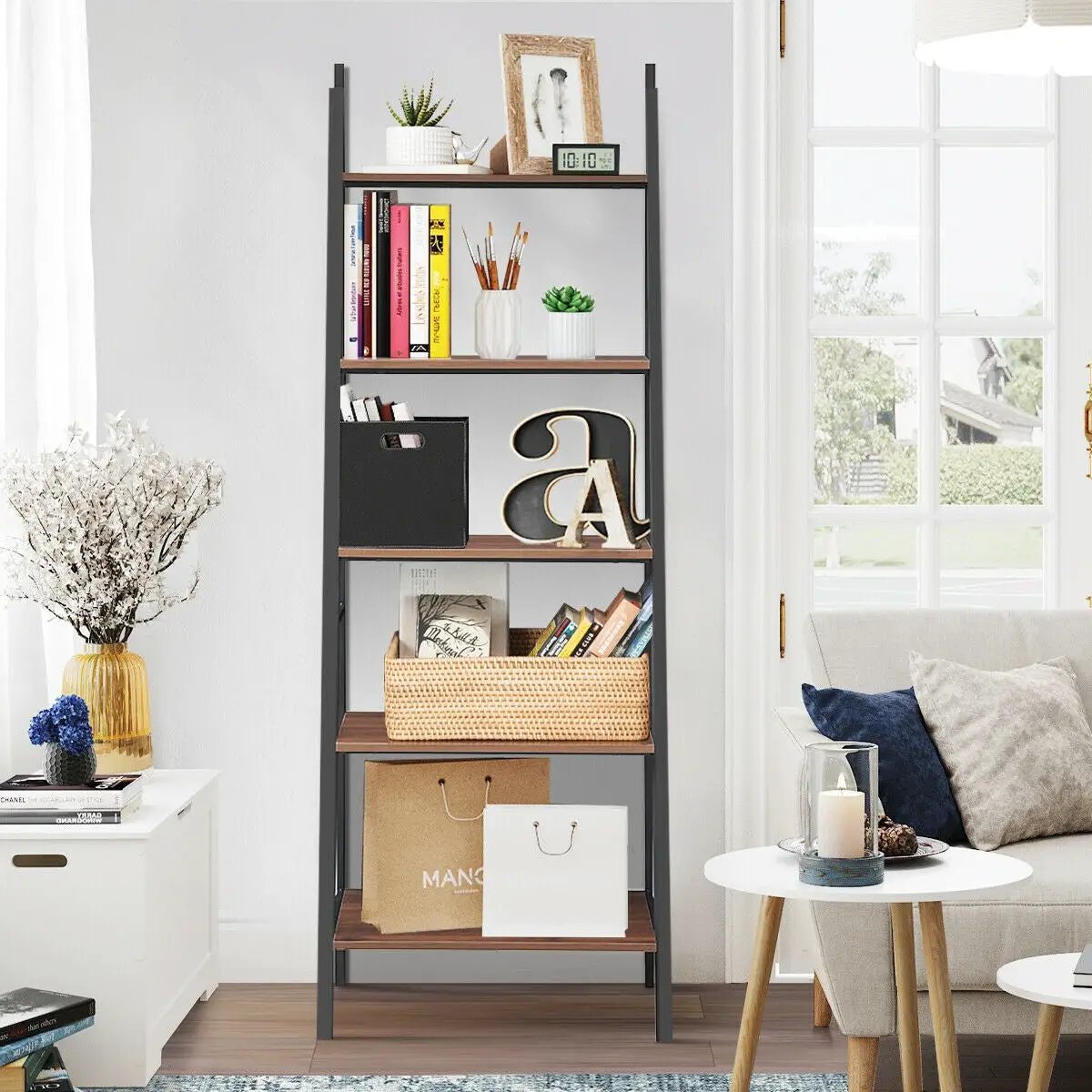 5 Tier Leaning Bookshelf Wood Metal Bookcase by DirectDeals