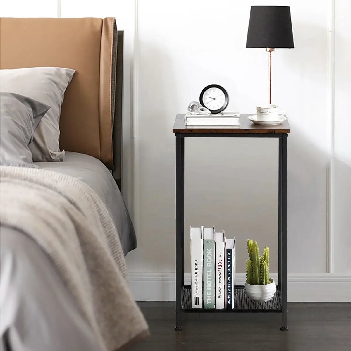 2-Tier Industrial End Table with Metal Mesh Storage Shelves by DirectDeals