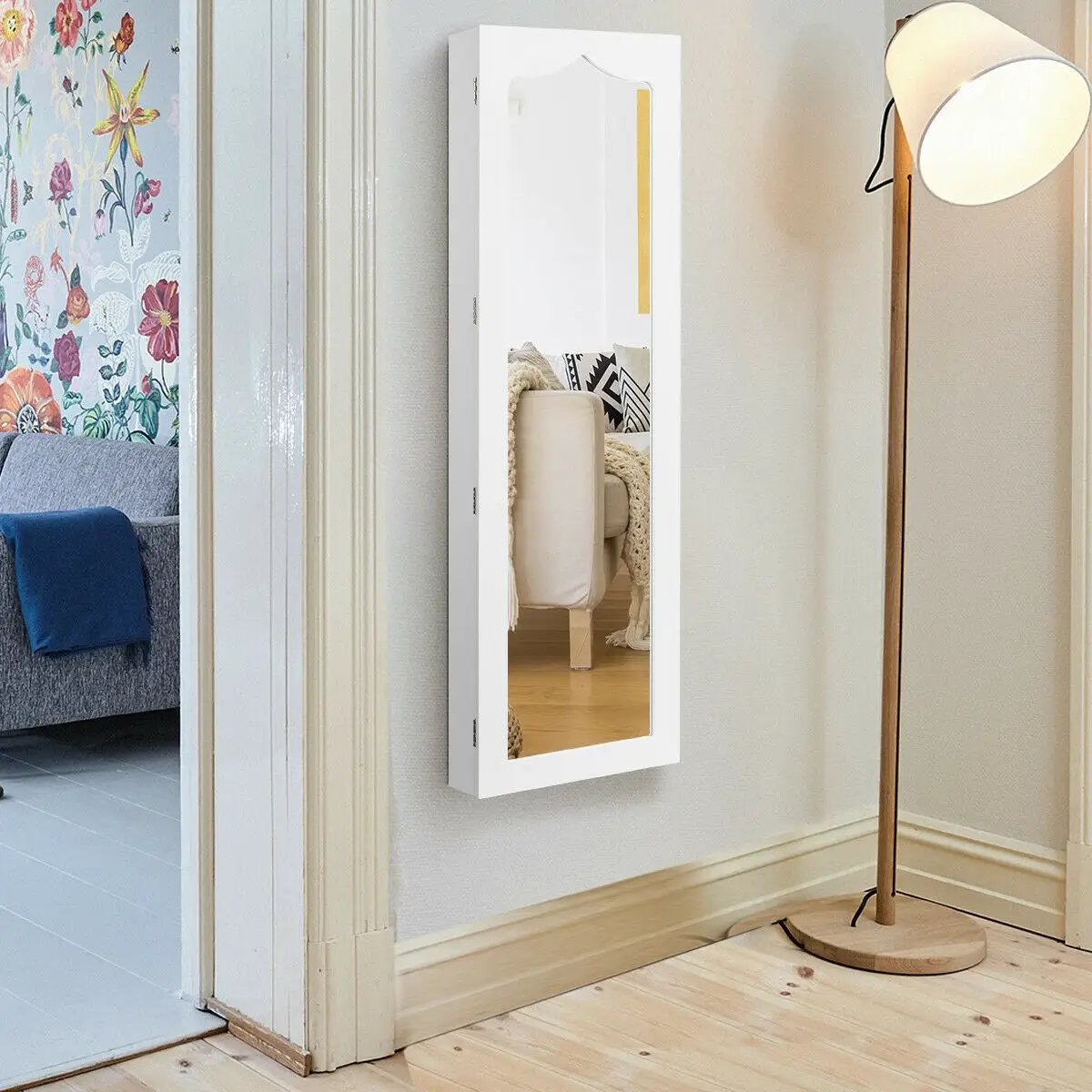 5 LEDs Lockable Mirror Jewelry Cabinet Armoire with 6 Drawers-White by DirectDeals