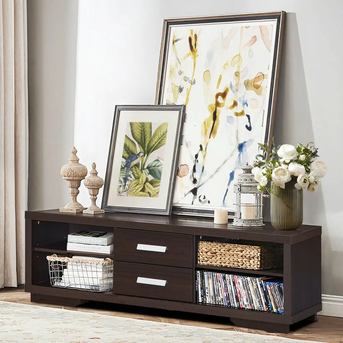 Modern TV Stand Entertainment Center with 2 Drawers and 4 Open Shelves by DirectDeals