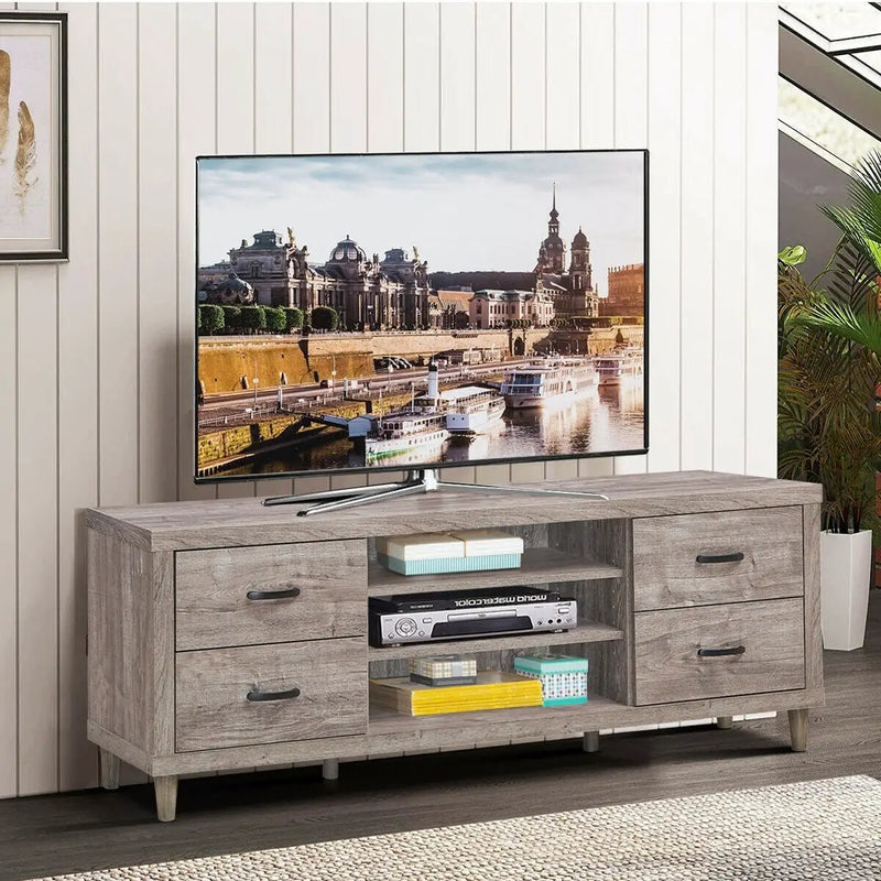 Retro Wooden TV Stand with 3 Open Shelves and 4 Drawers by DirectDeals
