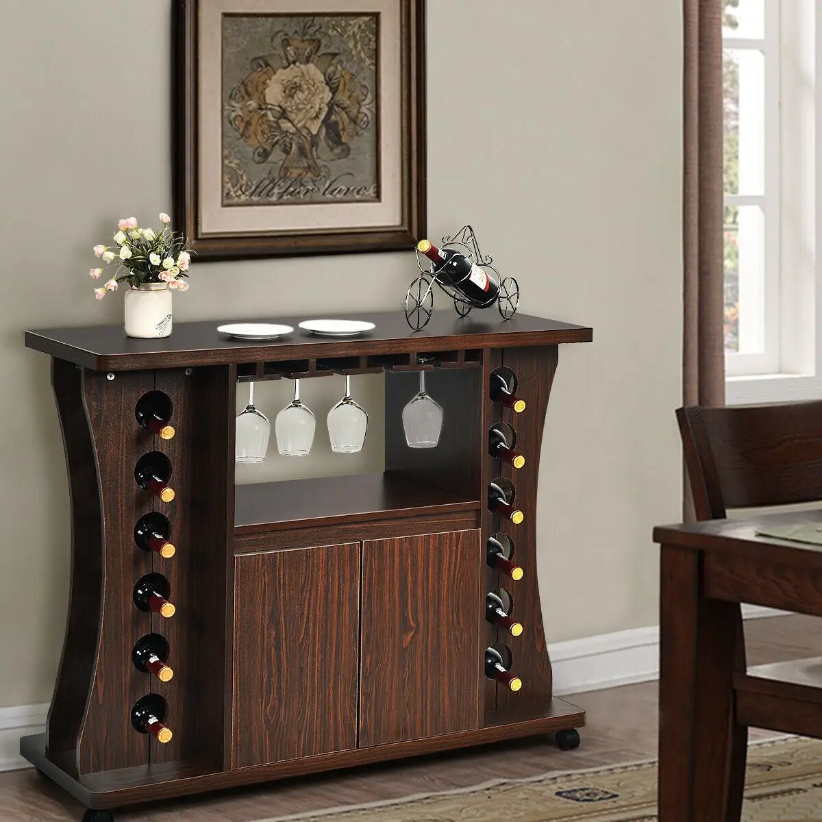 Rolling Buffet Sideboard Wooden Bar Storage Cabinet-Walnut by DirectDeals