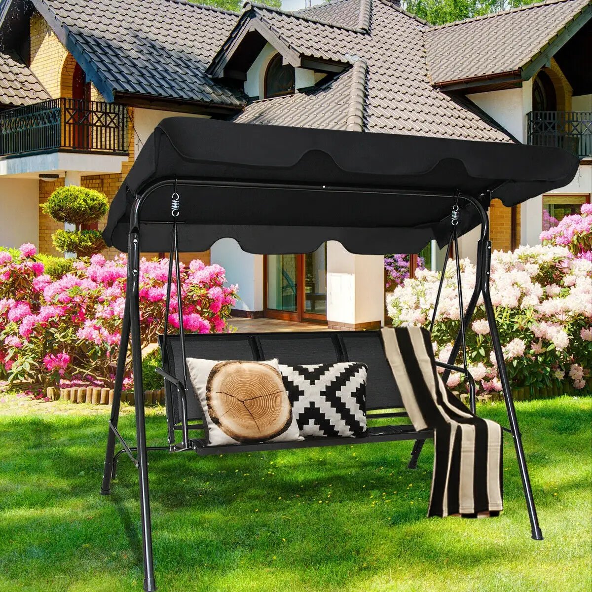 3 Person Steel Frame Patio Swing with Polyester Angle and Adjustable Canopy by DirectDeals