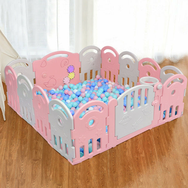 14-Panel Baby Playpen with Music Box & Basketball Hoop-Pink, photo 2 of 8