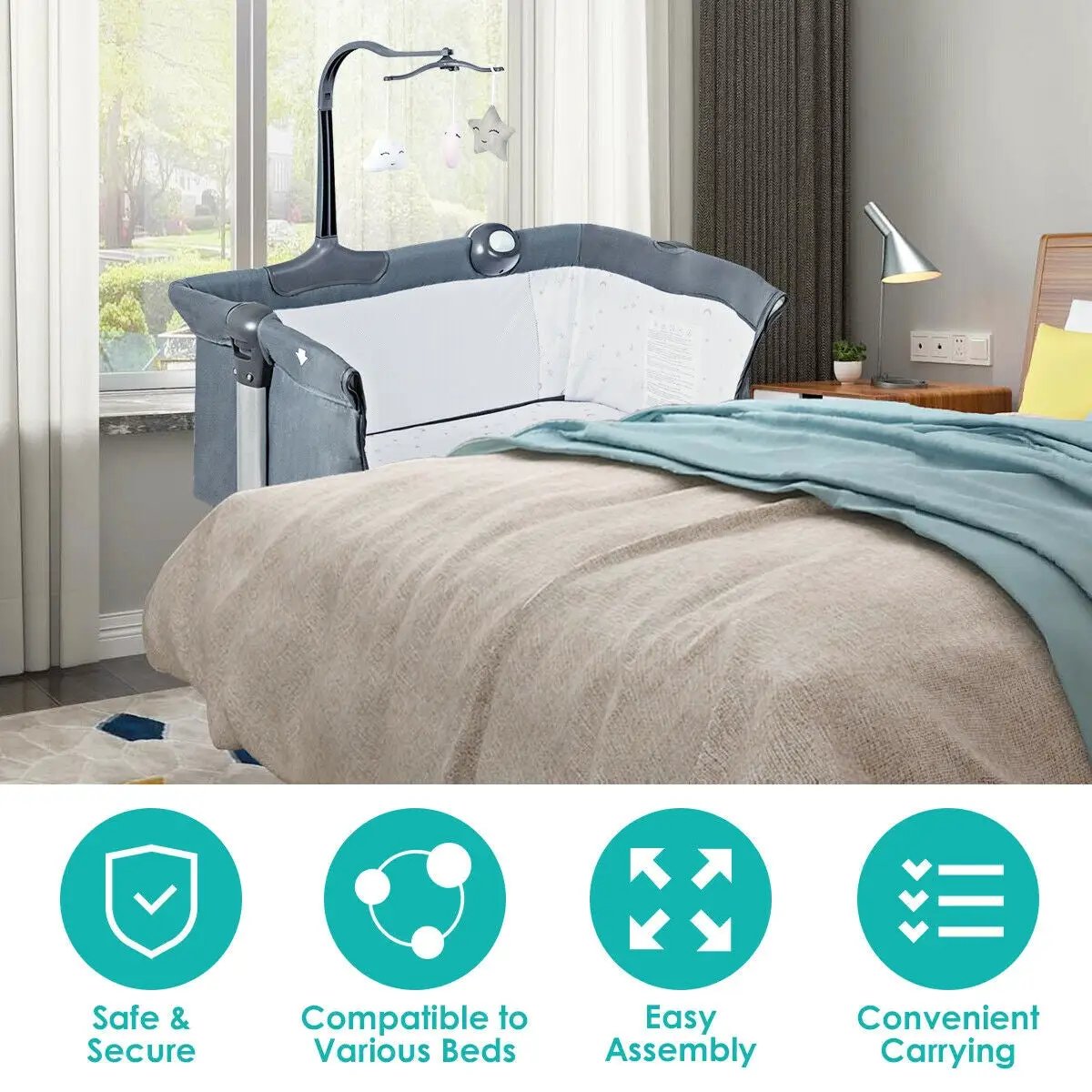 Height Adjustable Baby Side Crib with Music Box & Toys by DirectDeals