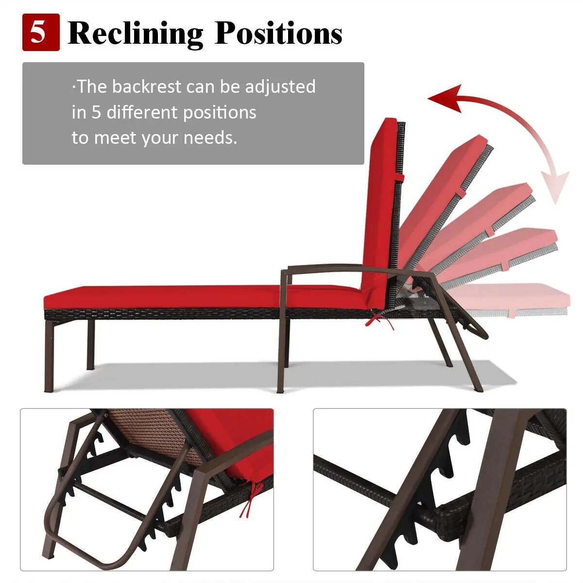 Patio Rattan Lounge Chaise Recliner with Back Adjustable Cushioned by DirectDeals