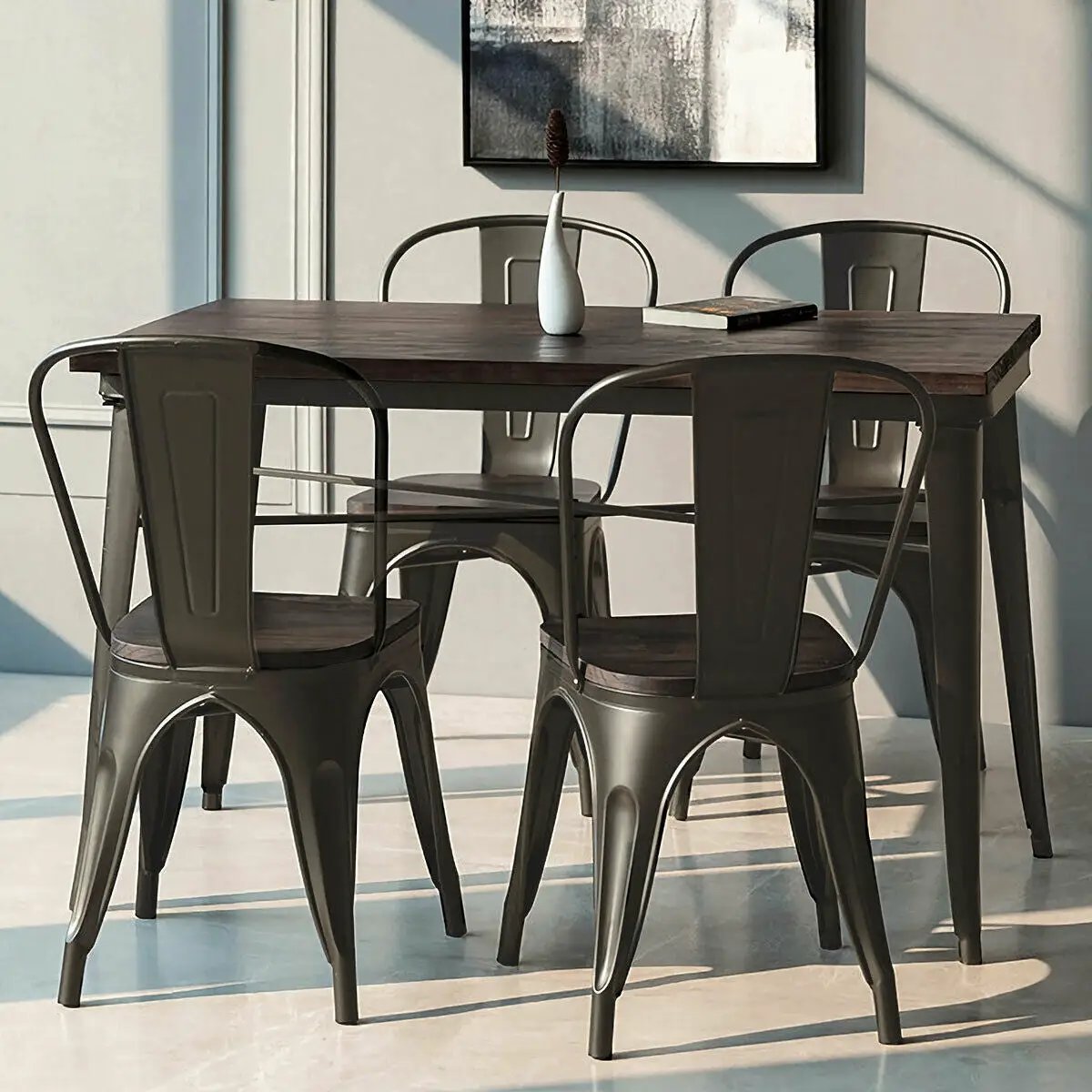 4 Pieces Tolix Style Metal Dining Side Chair Stackable Wood Seat by DirectDeals