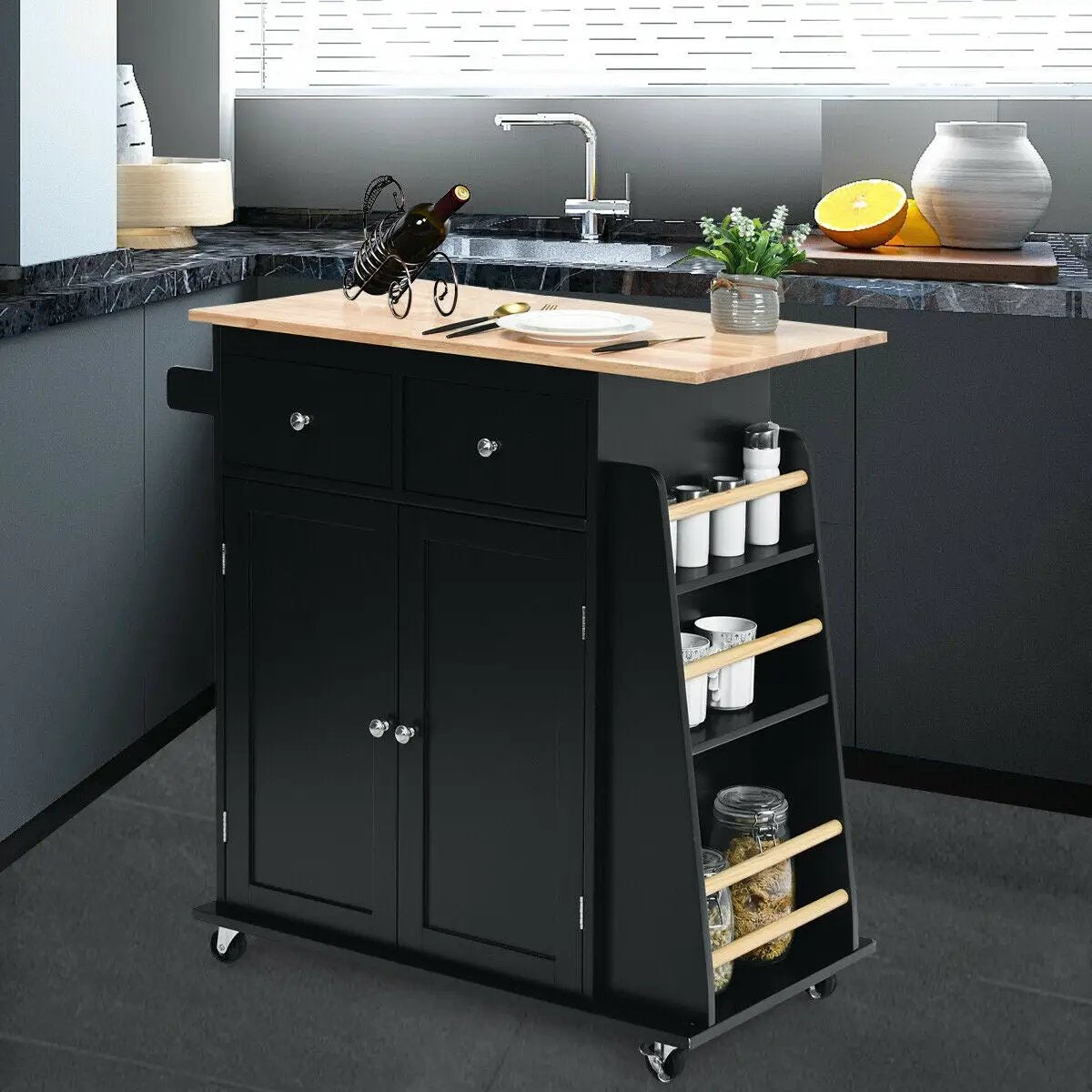 Rubber Wood Countertop Rolling Kitchen Island Cart by DirectDeals