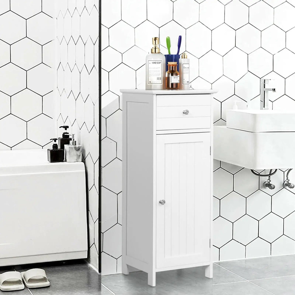 Wooden Bathroom Floor Storage Cabinet with Drawer and Shelf by DirectDeals