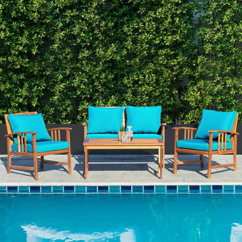 4 Pcs Wooden Patio Furniture Set Table Sofa Chair Cushioned Garden by DirectDeals