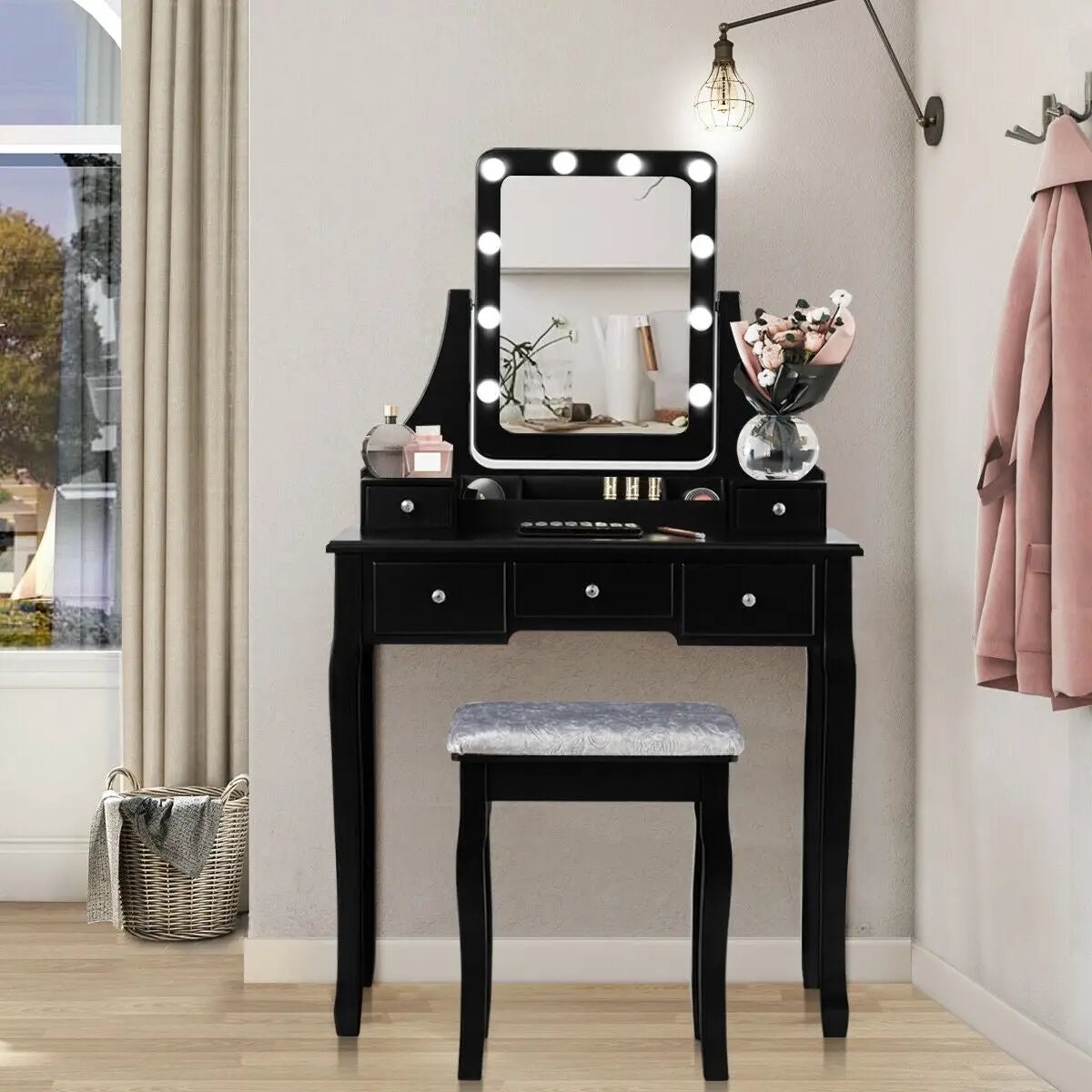 Vanity Dressing Table Set with 10 Dimmable Bulbs and Cushioned Stool by DirectDeals