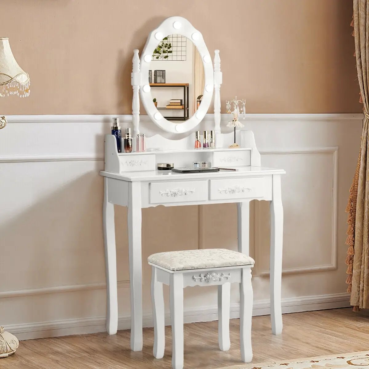 Makeup Vanity Dressing Table Set with Dimmable Bulbs Cushioned Stool by DirectDeals
