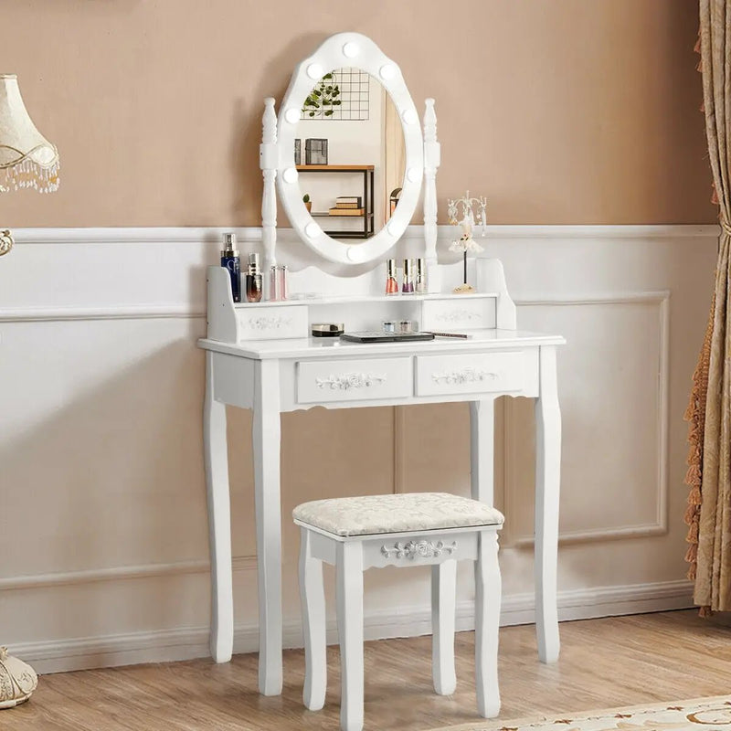 Makeup Vanity Dressing Table Set with Dimmable Bulbs Cushioned Stool by DirectDeals