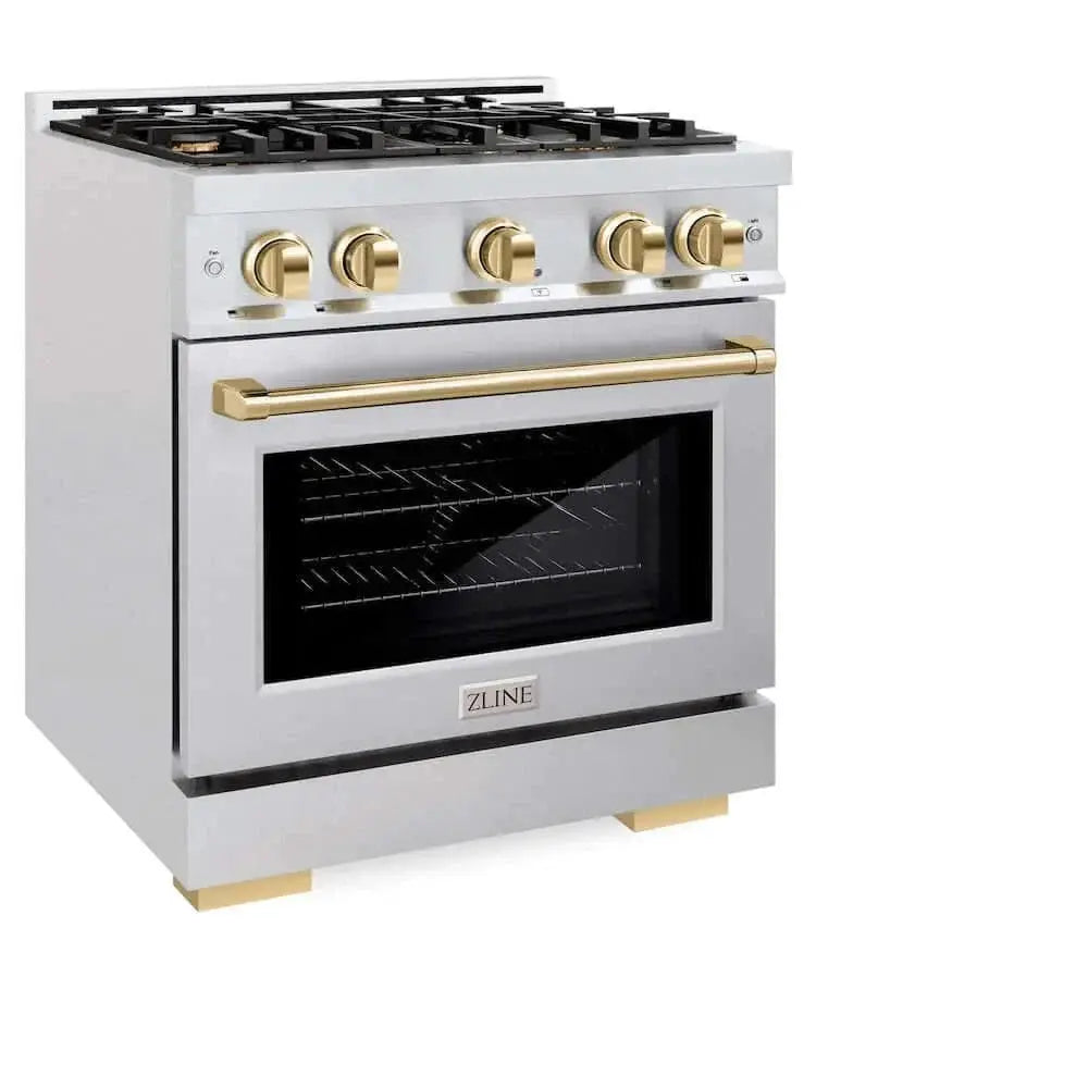 ZLINE 30" Select Dual Fuel Range Gas Cooktop Electric Convection Oven DuraSnow® Stainless Steel Gold HDRSZ-30-G by Farmhouse Kitchen and Bath