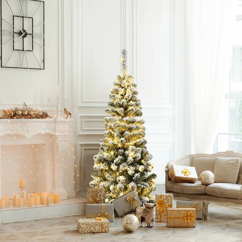 4.5 Feet Pre-Lit Snow Flocked Pencil Christmas Tree with 150 LED Light by DirectDeals